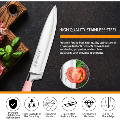 Kitchen Knife Set, 9-Pieces Pink Sharp Non-Stick Coated Chef Knives Block Set,Stainless Steel Knife Set for Kitchen with Sharpener for Cutting Slicing Dicing Chopping (Pink)