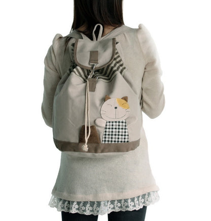 [Happy Cat] 100% Cotton Fabric Art School Backpack / Outdoor Backpack