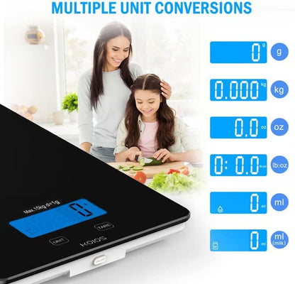 KOIOS Food Scale, 33lb/15Kg Digital Kitchen Scale for Food Ounces and Grams Cooking Baking, 1g/0.1oz Precise Graduation, Waterproof Tempered Glass, USB Rechargeable, 6 Weight Units, Tare Function