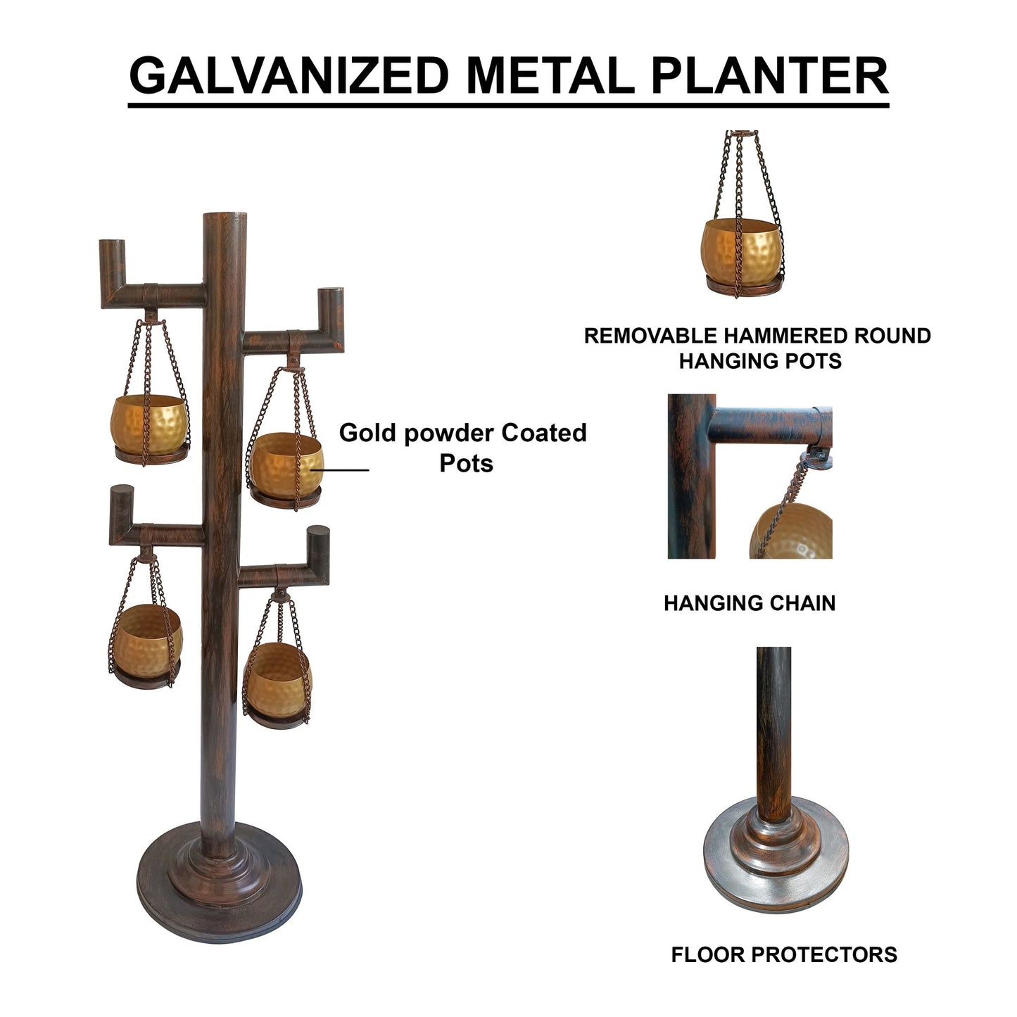 52 Inch Tall Plant Stand with 4 Hanging Pots, Antique Bronze, Gold, Black