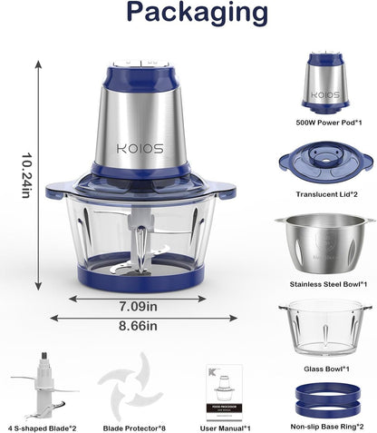 KOIOS 500W Powerful Electric Food Processor with 8 Cup Stainless Steel & Glass Bowls, 2 Speed Mode Electric Food Chopper with 2 Sets Blades Electric Meat Grinder Chopper for Family & Baby Use